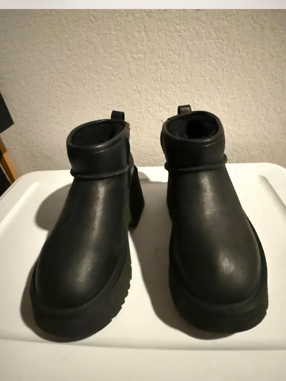 UGG Black Leather New Heights Platform Ankle Booties
